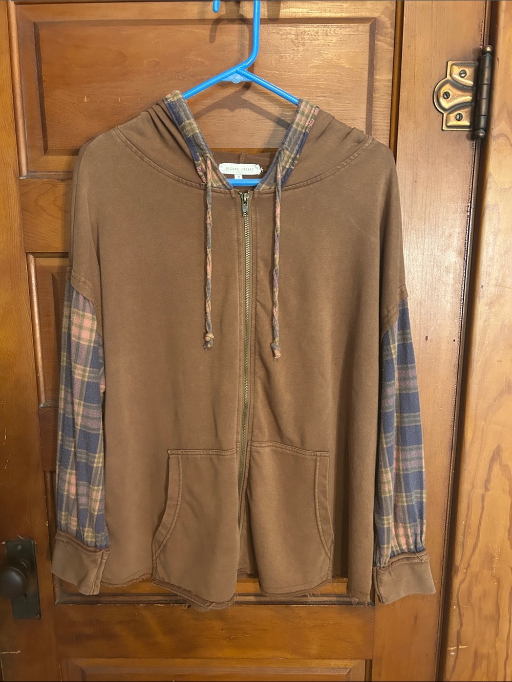 Gilded Intent Brown Zip-Up Hoodie with Plaid Sleeve Accents